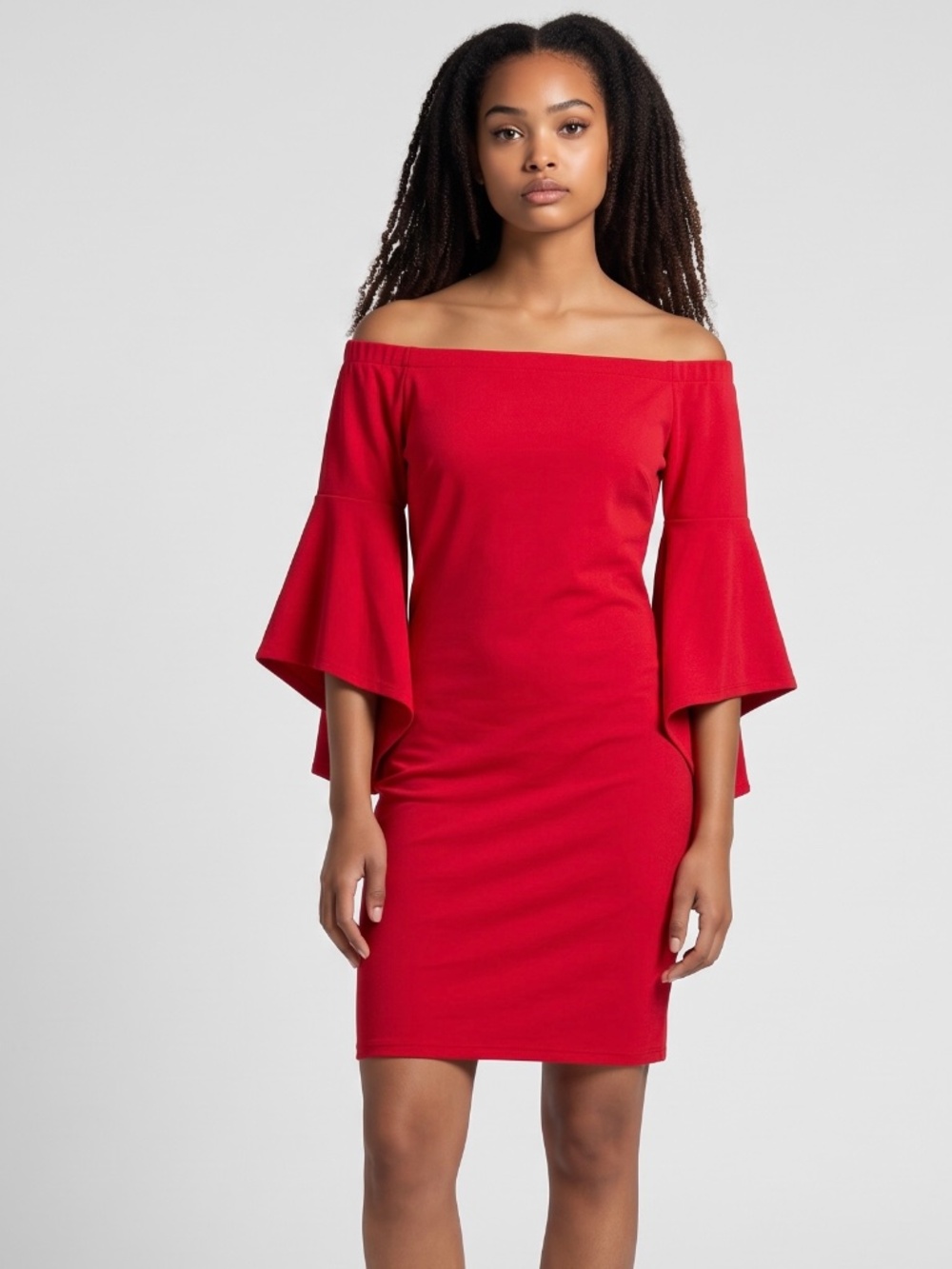 Almost Famous NWT Red Off Shoulder Bell Sleeve Dress 1X Fitted Holiday